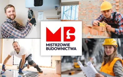 Kolaż zdjęć budowlańców i logo "Mistrzowie Budownictwa".