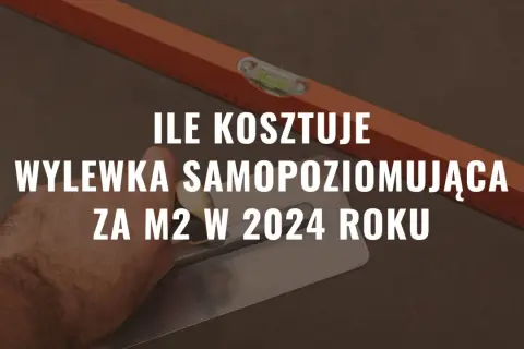 Dłoń trzymająca kielnię na tle poziomicy i podłogi.