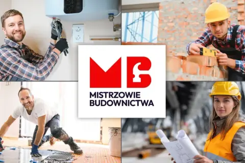 Kolaż zdjęć budowlańców i logo "Mistrzowie Budownictwa".