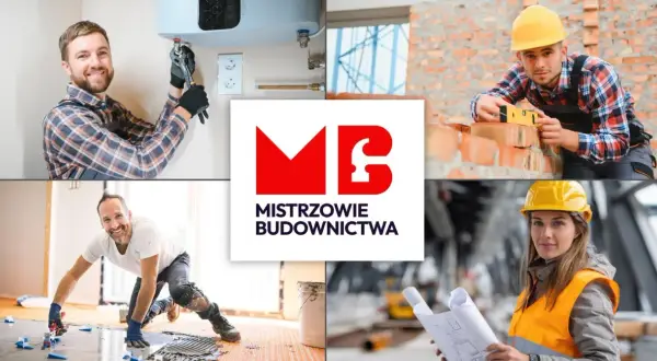 Kolaż zdjęć budowlańców i logo "Mistrzowie Budownictwa".
