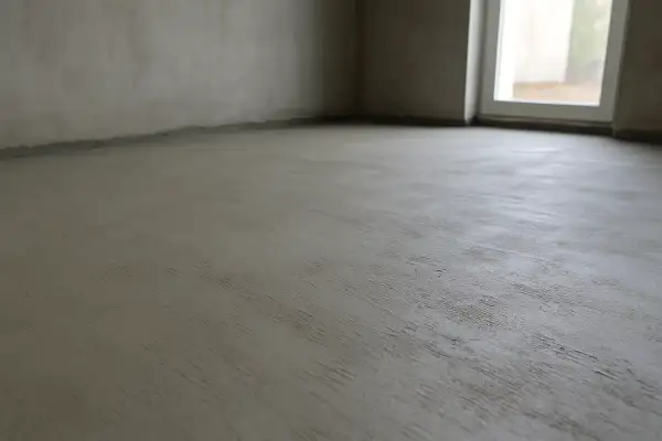 Świeżo wylana, szara wylewka cementowa na podłodze w pomieszczeniu z oknem.